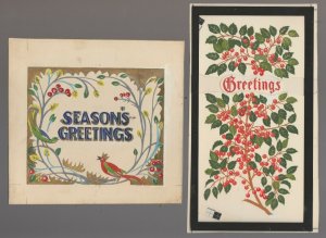 SEASONS GREETINGS Bird w Holly Berries 2pcs 5.5x5.25 Greeting Card Art LOT of 2