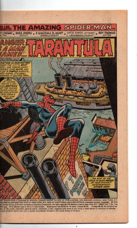 Amazing Spider-Man #134 - 1st app Tarantula - KEY- Punisher cameo - 1974 - (-NM)