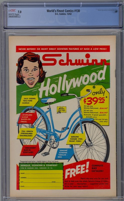 World's Finest Comics #130 1962 DC Comics CGC 7.0 White Pages