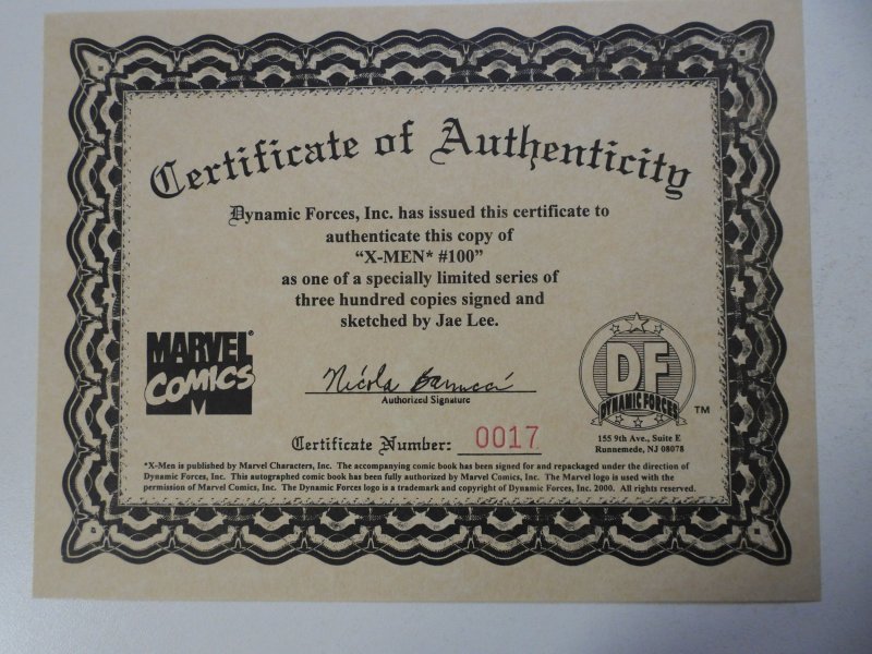 X-Men #100 Dynamic Forces Cover Signed & Sketched by Jae Lee! W/COA FN/VF Cond