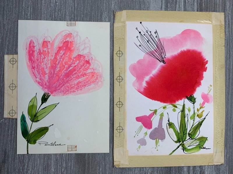 VARIOUS Watercolor Pink Flowers by Pantelione 6x8.5 Greeting Card Art LOT of 2
