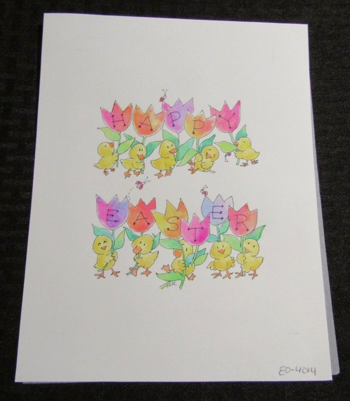 HAPPY EASTER Cartoon Yellow Chicks with Tulips 7x9 Greeting Card Art #4014