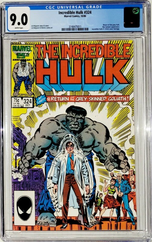 Incredible Hulk #324 CGC 9.0 (Marvel 1986) Return of Grey Hulk (Homage Cover)