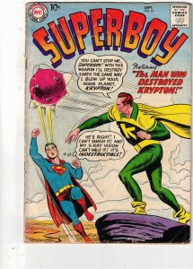 Superboy #67 (1958) $80. PRICE DROP! VG+ The Man Who Destroyed Krypton! Wow!