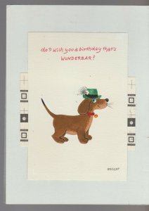 BIRTHDAY WUNDERBAR Cartoon Dog in Green Hat 7x9.5 Greeting Card Art #B8439