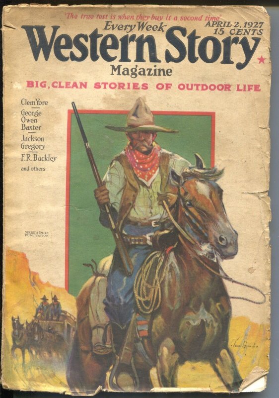 Western Story 4/2/1927-stage coach guard cover-pulp fiction-Clem Yore-G 