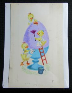 EASTER Yellow Chicks Ladder Washing Purple Egg 9.5x15 Greeting Card Art #E2804