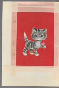 VALENTINE Cute Painted Kitten w/ Pink Heart 7x10.5 Greeting Card Art #V3456