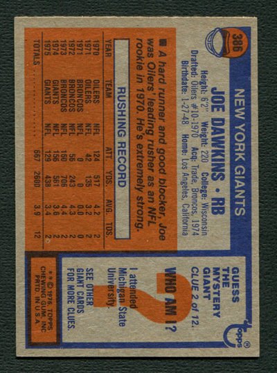 1976 Topps Joe Dawkins #386  MINT  New York Giants