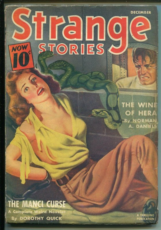 Strange Stories Pulp 12/1940- Norman Daniels- Snake attack cover FN