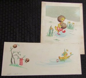 BIRTHDAY Cute Duckling Swimming in Snow 2pcs 7.5x9.5 Greeting Card Art #B577