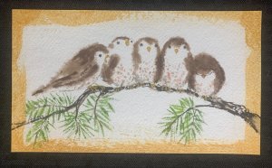 HAPPY EASTER Cute Brown Birds on Branch 8x4.5 Greeting Card Art #E3