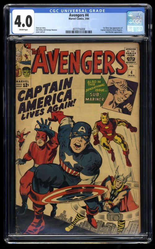 Avengers #4 CGC VG 4.0 1st Silver Age Captain America!