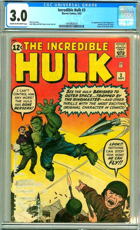 Incredible Hulk #3 (CGC 3.0) C-O/W pages; 1st app. Ringmaster; Kirby