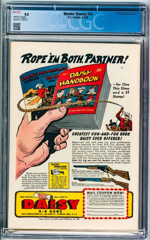 Wonder Woman #34 (1949) CGC 8.0! White Pages!