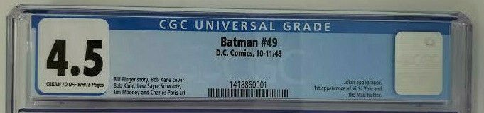 Batman #49 ~ 1948 DC ~  CGC 4.5 (VG+); 1st App. of Vicki Vale & Mad-Hatter