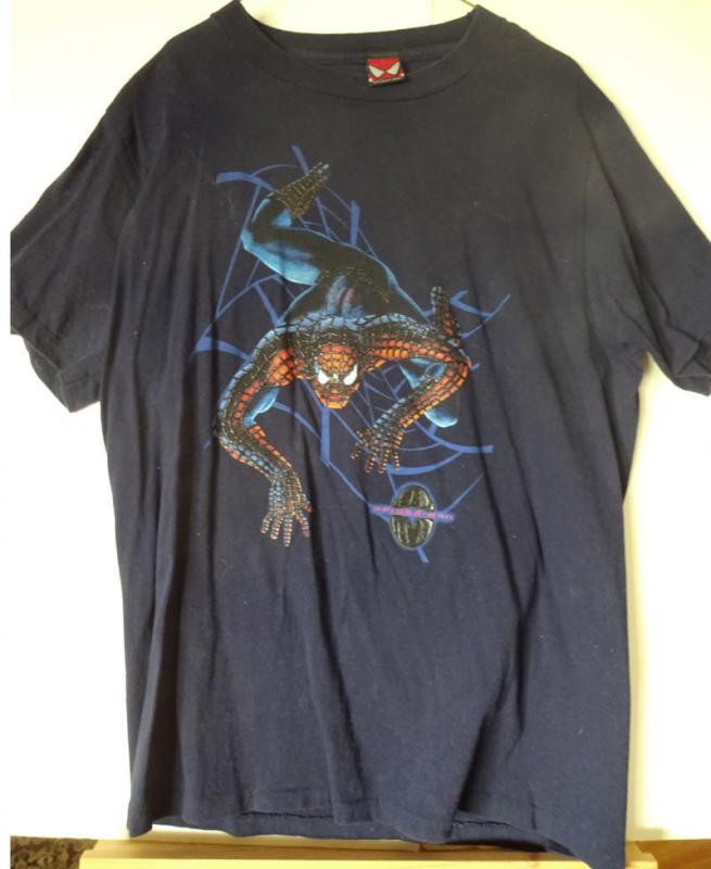 SPIDER-MAN with raised webbing, Black T-SHIRT, New, Large, Marvel, 2002