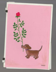 VALENTINE Cartoon Dog w/ Long Stemmed Rose 5x7.25 Greeting Card Art #V3643