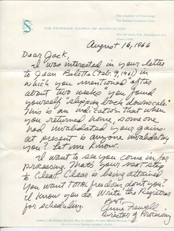 Scientology Letter To A Backsliding Member 8/16/1966-Anne Fewell-LRH-VG