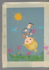 BELATED BIRTHDAY Cute Girl Flipping w/ Flower 6x8.5 Greeting Card Art #BB151