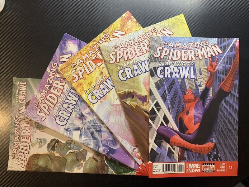 NM Amazing Spider-Man 1.1 1.2 1.3 1.4 1.5 Learning To Crawl Set 2014 Alex Ross