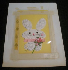 HAPPY EASTER Cute Fabric Bunny Rabbit 9x11.5 Greeting Card Art #E2481