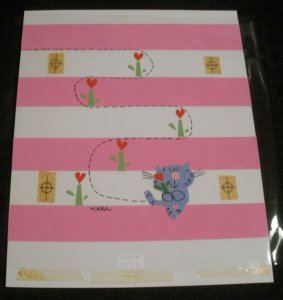 VALENTINE Purple Cat w/ Pink Stripes & Flowers 7x9 Greeting Card Art #V3519