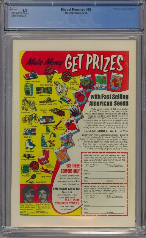 MARVEL PREMIERE #15 CGC 9.2 1ST IRON FIST