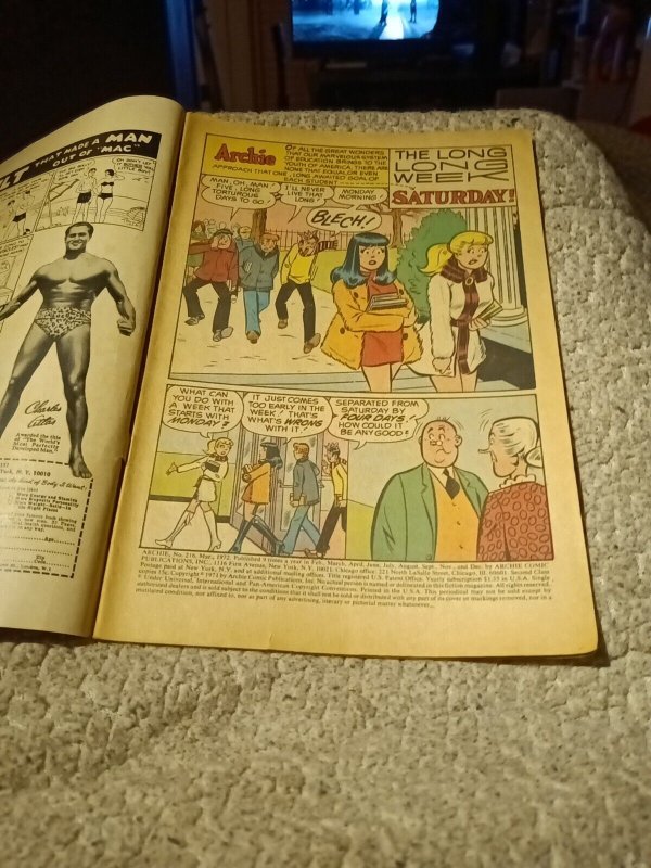 ARCHIE #216 Mlj Archie Comics March 1972 Bronze Age Ski Lodge, Winter Cover