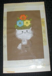 BIRTHDAY Styalized White Cat w/ Fabric Hat 6.5x10 Greeting Card Art #7531