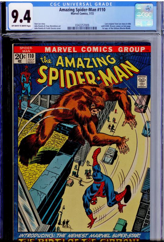 Amazing Spider-Man #110 CGC 9.4  OW/WHITE pages  1st app. the Gibbon; Kraven