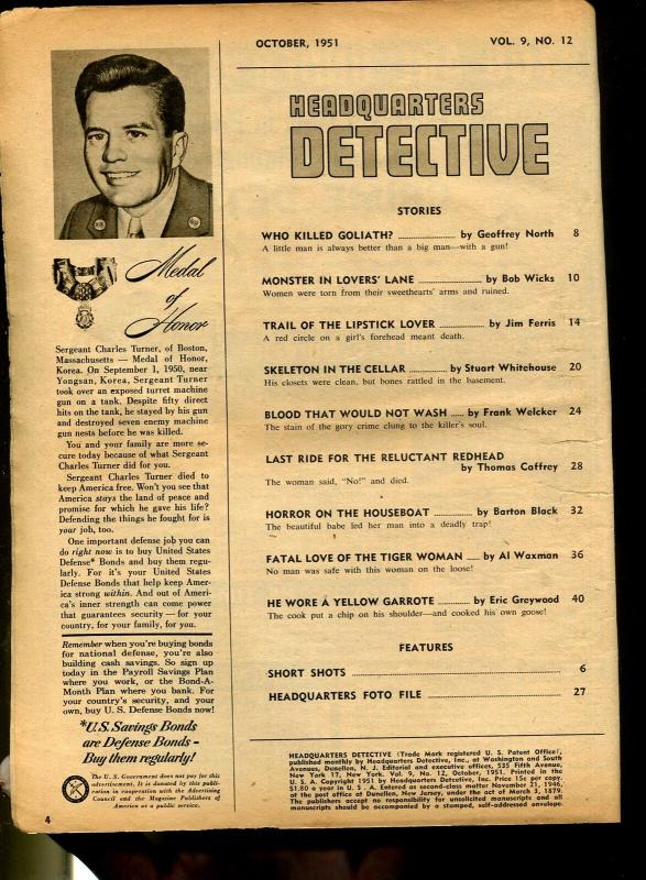 Headquarters Detective 10/1951-crime pix-largest ever marijuana haul pix-G