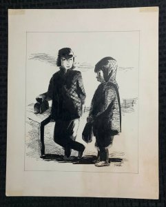 CHILDREN AT MAILBOX in Winter by Stalk 12x15 Ink on Heavy Paper