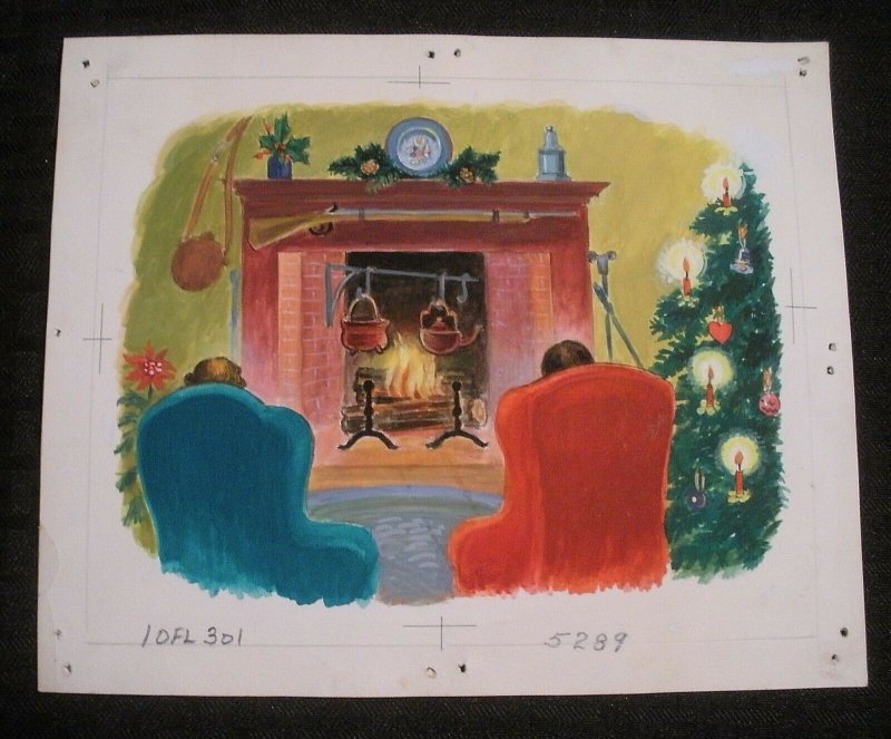 CHRISTMAS Couple Sitting in Front of Fireplace 8.5x7 Greeting Card Art #5289