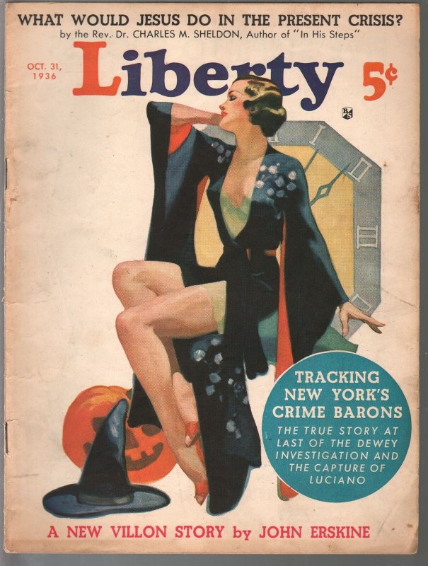 Liberty 10/31/1936-Halloween pin-up girl-pulp thrills-NY crime barons-FN