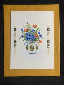 WELCOME BACK Blue and orange Flowers in Vase 7x9 Greeting Card Art M9473