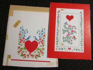 RED HEARTS with Blue Birds & Pink Flowers 2pcs 7x9 Greeting Card Art #V3617