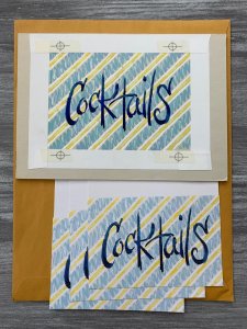 COCKTAILS INVITE Yellow & Blue Stripes 8.5x6 Greeting Card Art 712 w/ 3 Cards