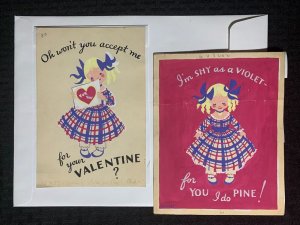 FOR YOUR VALENTINE Cute Girl in Chekered Dress 5x8 Greeting Card Art V3202 2pcs