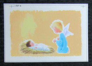 RELIGIOUS Baby Jesus in Manger w/ Blonde Angel Boy 7x5 Greeting Card Art #R1256