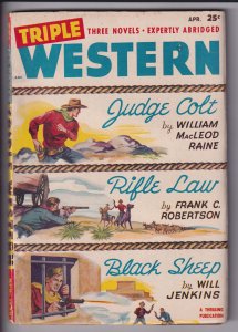 TRIPLE WESTERN V2N3 (Apr 1948) Sharp FVF 7.0 bold cover colors! Supple pages.