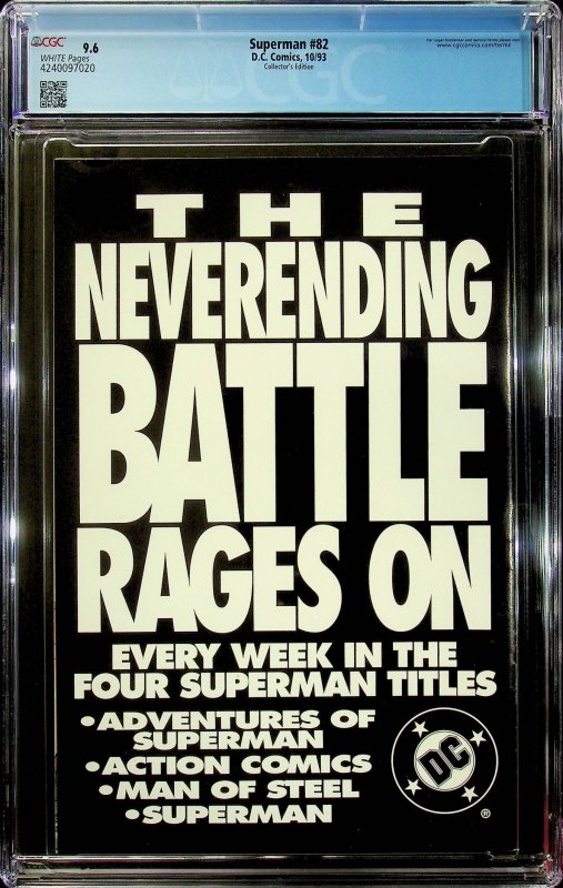 Superman #82 (1993) Collector's Ed. - CGC 9.6 - Cert#4240097020