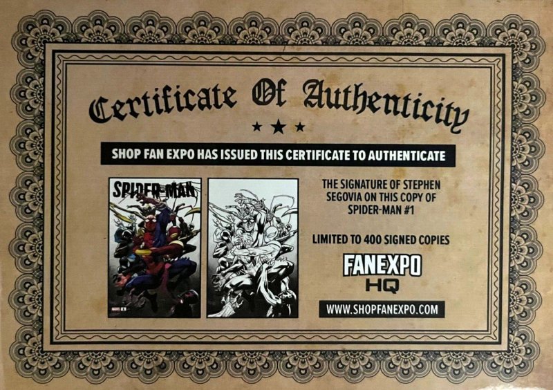 ?~MARVEL/FANEXPO~SPIDER-MAN #1~?SEGOVIA B&W VIRGIN VARIANT?SIGNED w/ COA?~?