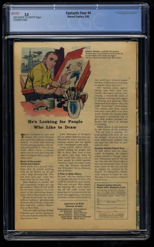 Fantastic Four #4 CGC GD+ 2.5 Off White to White 1st Silver Age Sub-Mariner!