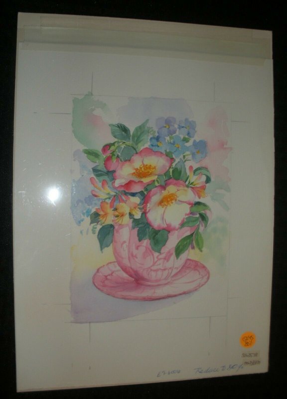 LARGE STILL LIFE Watercolor Pink Flowers in Vase 11x15 Greeting Card Art #6006