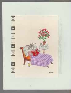 WHAT WONDERFUL NEWS Cartoon Sick Cat in Bed 7.5x9.5 Greeting Card Art #C9265