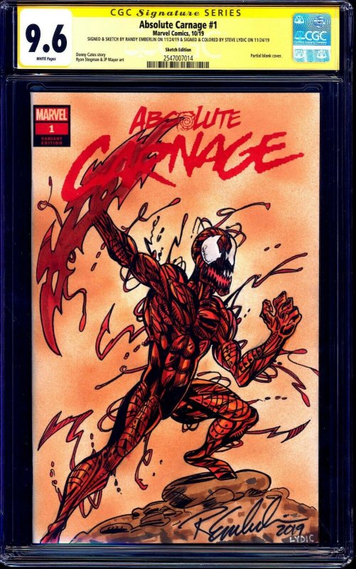 Absolute Carnage #1 BLANK CGC SS 9.6 signed ORIGINAL SKETCH Randy Emberlin LYDIC