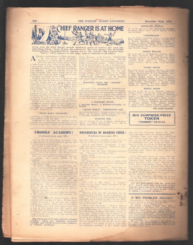 Ranger 12/22/1934-Christmas-Comic strip & pulp style stories-Boys paper form