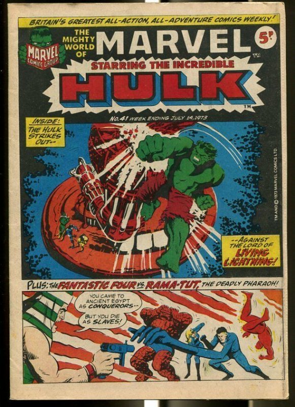 MIGHTY WORLD OF MARVEL #41 1973-HULK-FANTASTIC FOUR-KIRBY-UK COMIC FN