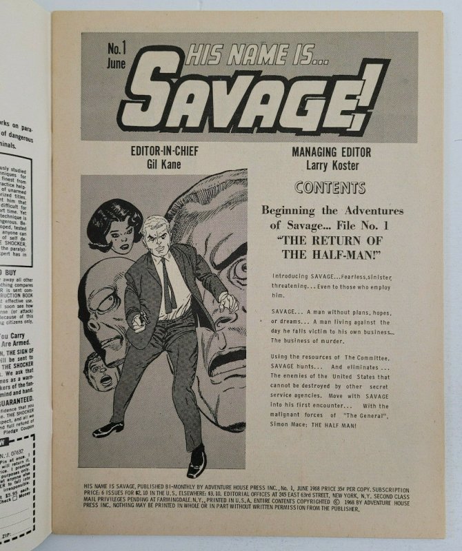 His Name is Savage #1 1968 Vtg Comic Graphic Novel Lee Marvin Gil Kane - NM